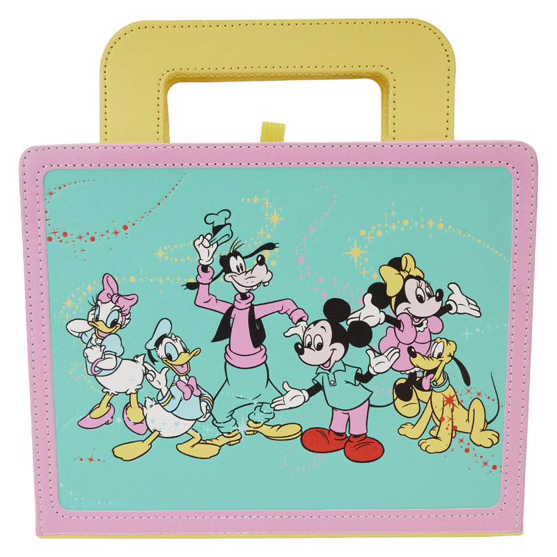 Front image of our Loungefly Disney100 Mickey & Friends Classic Lunchbox Journal, featuring Mickey Mouse and friends against a teal background with pink trim. 